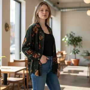 Velvet Floral Coldwater Creek Button-Up Shirt, size petite large